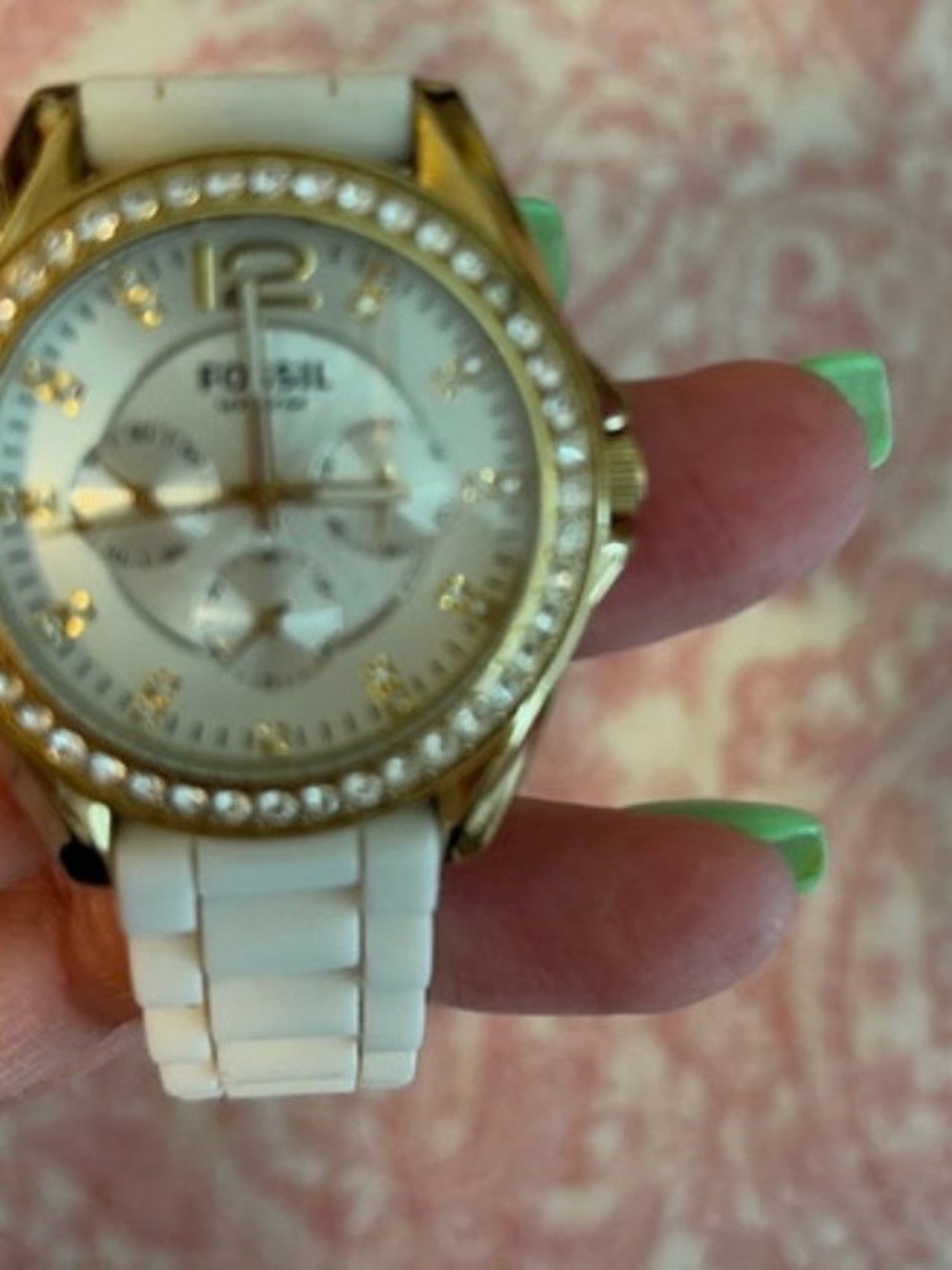 Fossil White silicone Watch with Gold-Tone Case and Crystal Bezel